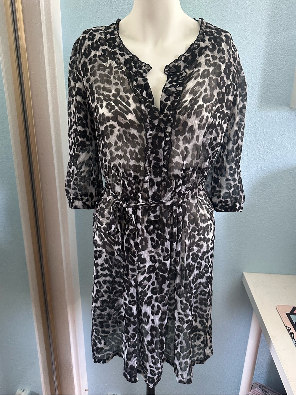 Black & White Sheer Leopard Print Tie-Waist Dress